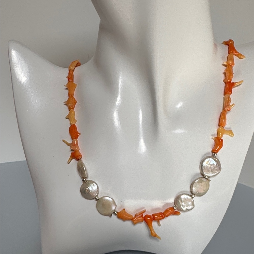 Vintage Coral  freshwater Pearls 925 sterling Silver Necklace​ - Picture 3 of 10